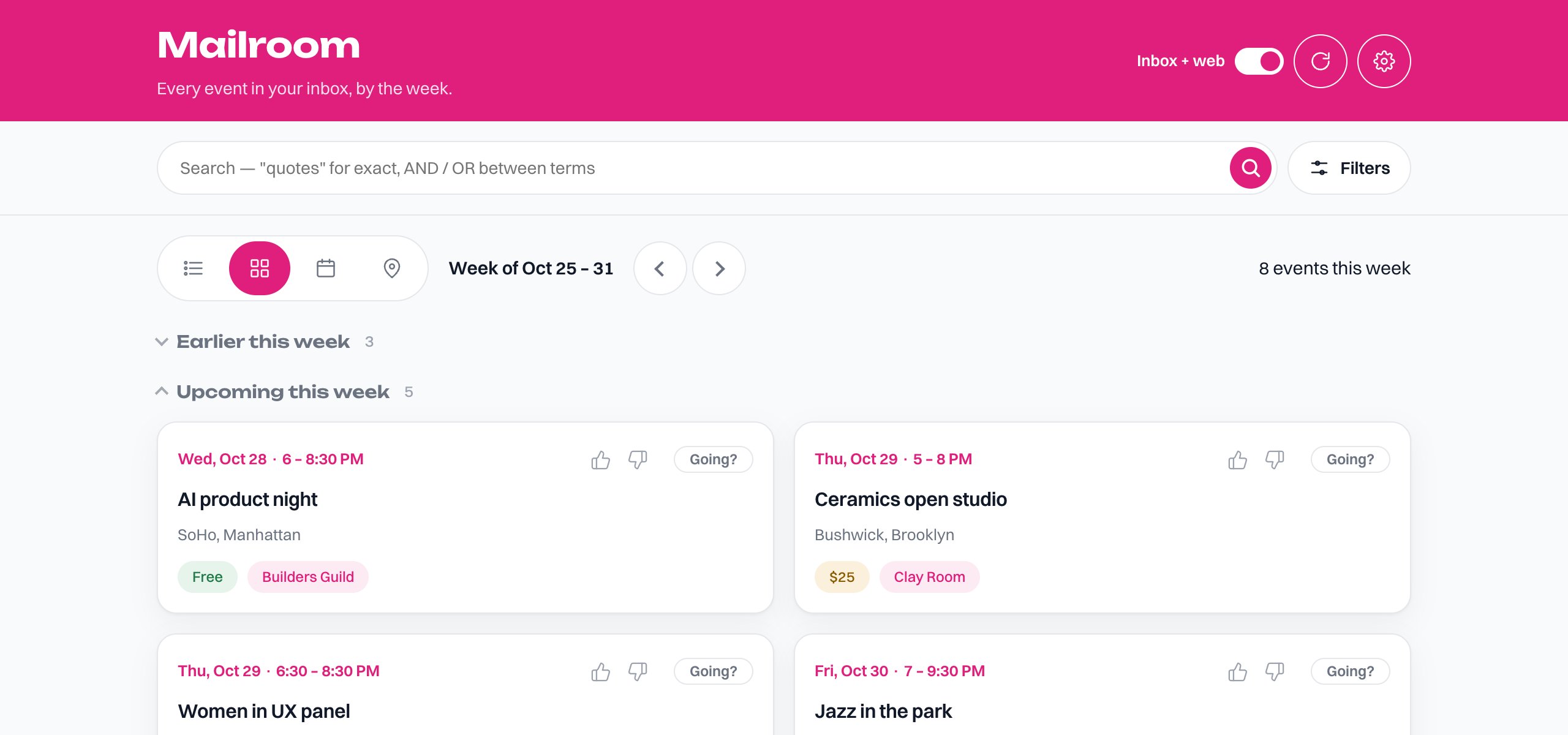 Mailroom's week view: event cards with dates, places, prices and hosts